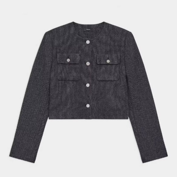 THEORY Tweed Cardigan Jacket Slightly Crop Relaxed Fit Charcoal Melange Size 6 - Picture 2 of 8